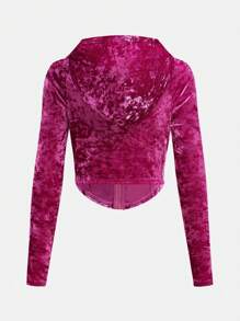 SHEIN 少女针织纯色天鹅绒拱形下摆连帽长袖夹克 - 玫紅色 - 查看 2