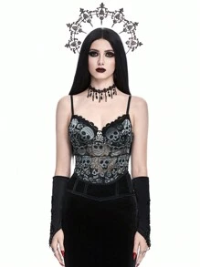 ROMWE Goth 金属骷髅吊坠网眼蕾丝骷髅提花半透明吊带背心 - 黑色 - 查看 3