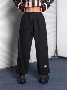 SHEIN EZwear 女式秋季街头休闲复古针织罗纹针织微绒纹理舒适长裤 - 黑色 - 查看 3