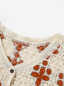 SHEIN LUNE Plus Size Szydełkowy Dzianinowy Bez Rękawów Guziki Dekolt w Serek Falisty Obszycie Kardigan Sweter Kamizelka - Żółty - Zobacz 5