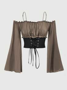 ROMWE Fairycore Women's Renaissance Ruched Cross Strap Cold Shoulder Short Blouse - Brown - View 1