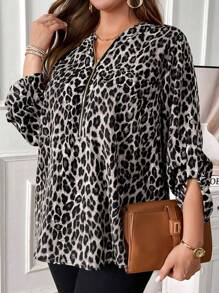 EMERY ROSE Plus Size Women Leopard Print Zip Closure Long Sleeve Shirt - Grey - View 6