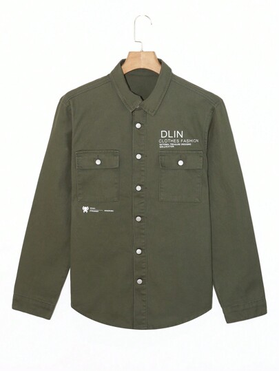 Manfinity Homme Men's Simple Print Long Sleeve Denim Shirt