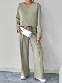 SHEIN LUNE 25+ Casual Sports Marbled Sweatshirt And Pants 2pcs Set - Army Green - View 5