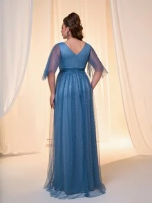 Váy chiffon dài tay xếp ly ngực không đối xứng cỡ lớn, váy dạ hội trang trọng thanh lịch, dành cho khách dự tiệc cưới, tốt nghiệp, tiệc tối - Màu xanh bụi bặm - Xem 2