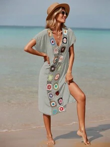 SHEIN Swim 女士 V 领短袖蝙蝠翼刺绣时尚海滩罩衫 夏季 - 灰色 - 查看 3