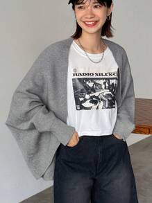 FRIFUL Women's Solid Asymmetric Hem Casual Long Sleeve Cardigan - Grey - View 3