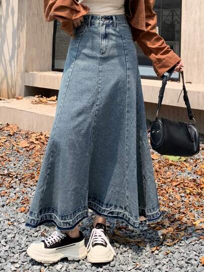 DAZY Chân váy maxi denim siêu dài dành cho nữ với viền tua rua, kiểu dáng Y2K.