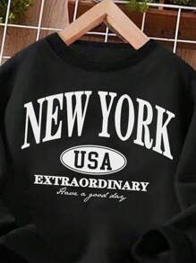 SHEIN Leap Crew 2 件套 Tween Boy New York NY 字母印花宽松运动衫和裤子套装，秋季 - 黑色 - 查看 2