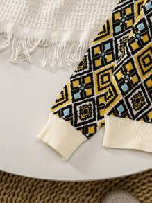 Toddler Girls' Vintage Retro Flower & Geometric Print Color Block Pullover Sweater. The Geometric Print Color Block Design Blends Traditional And Fashionable Elements, Showcasing A Distinctive Style. The Pullover Design Is Warm And Suitable For Autumn And Winter Outings. The Retro Floral Pattern Exudes A Unique Taste. The Warm And Comfortable Fabric Is Suitable For The Season. This Sweater Not Only Exudes A Vintage Charm, But Also Adds An Elegant Quality To The Little Girls, Allowing Them To Showcase A Charming And Graceful Presence During Autumn And Winter Travels. - Khaki - View 4