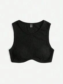 SHEIN EZwear Parte superior de verano, negra, de punto de gofre sólido y corta - Negro - Ver 3