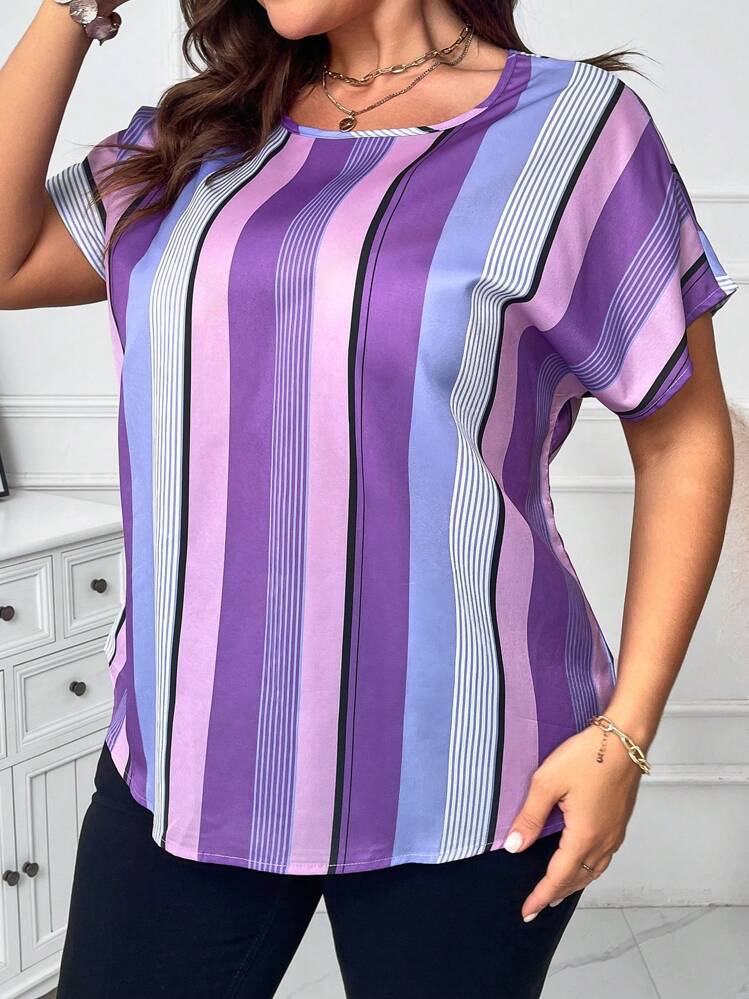 SHEIN Clasi Camisa de manga corta con botones y estampado de rayas coloridas, para mujer de tallas grandes, para el verano - Morado - Añade 4