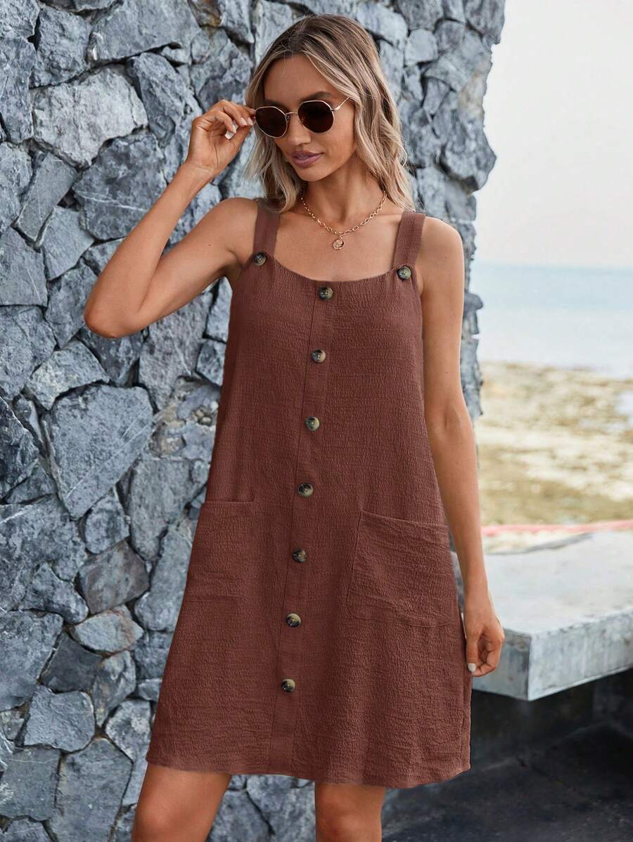 SHEIN LUNE Robe d'été casual à bretelle avec poche et bouton unique pour femmes grande taille - Tabac - Voir 1