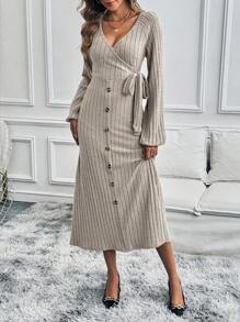 Chiquease Vestido de mujer unicolor con cordones - Caqui - Ver 4