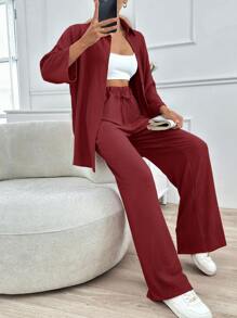 EURMUSE Two Pieces Pant And Top - Burgundy - View 5
