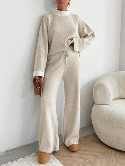 EURMUSE WOMEN HIGH NECK SOFT TOUCH SWEATERAND PANT Two Pieces OUTFİT CO-ORDS