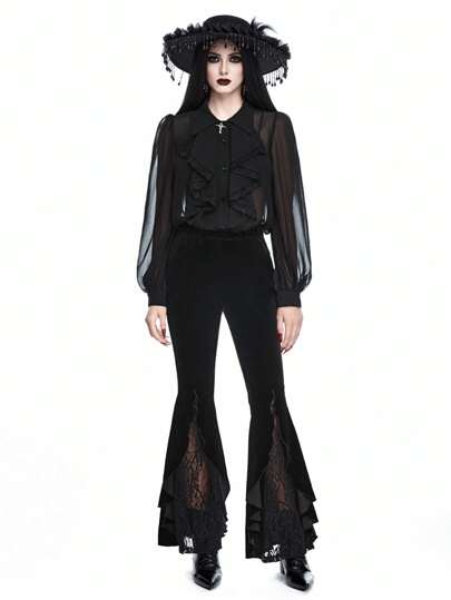 Elegante durchsichtige Bluse mit Gothic Kreuz Metallic Design für Damen