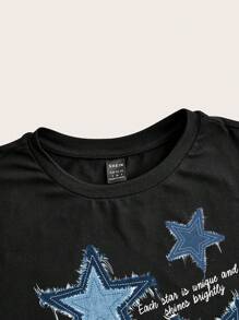 SHEIN ICON Women's Simple Casual Star Pattern Round Neck Short Sleeve Crop Top T-Shirt, Suitable For Summer - Black - View 3