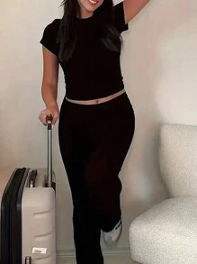 INAWLY 2pcs Plus Size Solid Color Crew Neck Ruched Short Sleeve Top And Pants Casual Set - Black - View 3