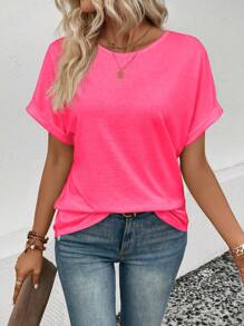 SHEIN LUNE Áo thun nữ tay ngắn cổ tròn đơn giản màu trơn mặc hàng ngày - Hồng - Xem 6