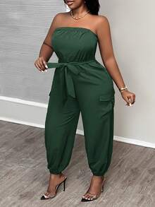 Slaydiva 大码女式纯色连体裤，配有腰带、口袋和卷边裤脚，休闲街头风格 - 墨綠色 - 查看 4