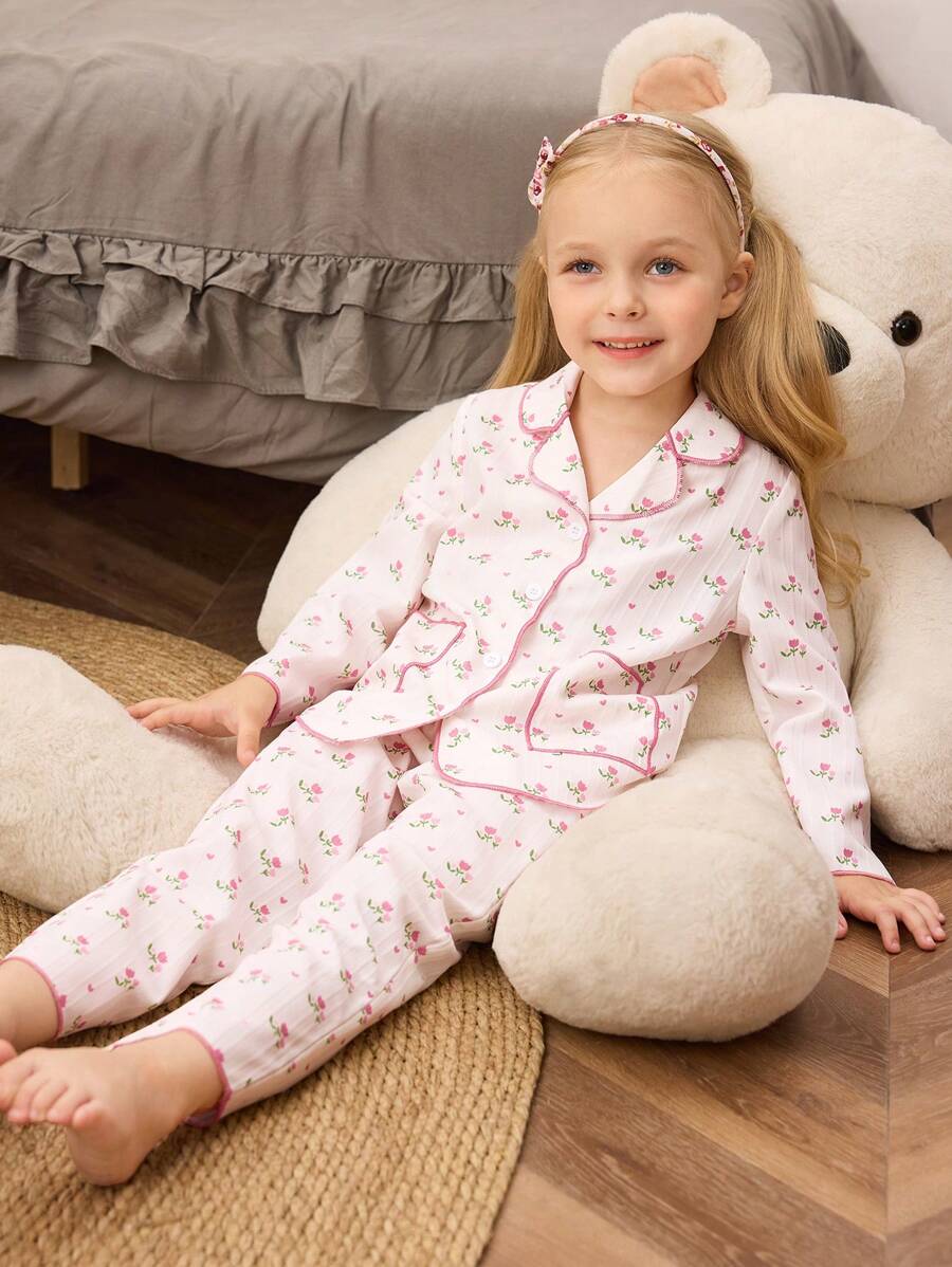 Bộ đồ mặc nhà 2 món áo dài tay họa tiết hoa đơn giản cho bé gái - Nhiều màu - Xem 1