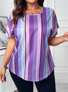 SHEIN Clasi Camisa de manga corta con botones y estampado de rayas coloridas, para mujer de tallas grandes, para el verano - Morado - Ver 3