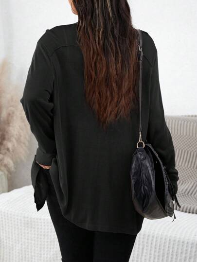 SHEIN LUNE Plus Size Women's Solid Color Fall Black Sweater Cardigan With Pockets Holiday