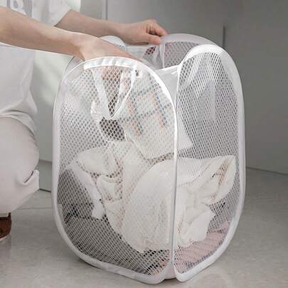 Madebyblanc 1 件白色可折叠洗衣篮，带手柄和侧袋，大容量弹出式洗衣篮，带手柄 - 可折叠网状洗衣篮，用于存放脏衣服 - 方便的家居解决方案、学校用品、学校配件、返校、存储、洗衣篮、篮子、收纳盒、整理和存储、壁橱整理和存储、收纳整理器、卧室、衣柜、家居、储物篮