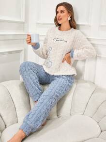 Rabbit Embroidered Women's Fleece Crew Neck Long Sleeve Top And Pants Pajama Set