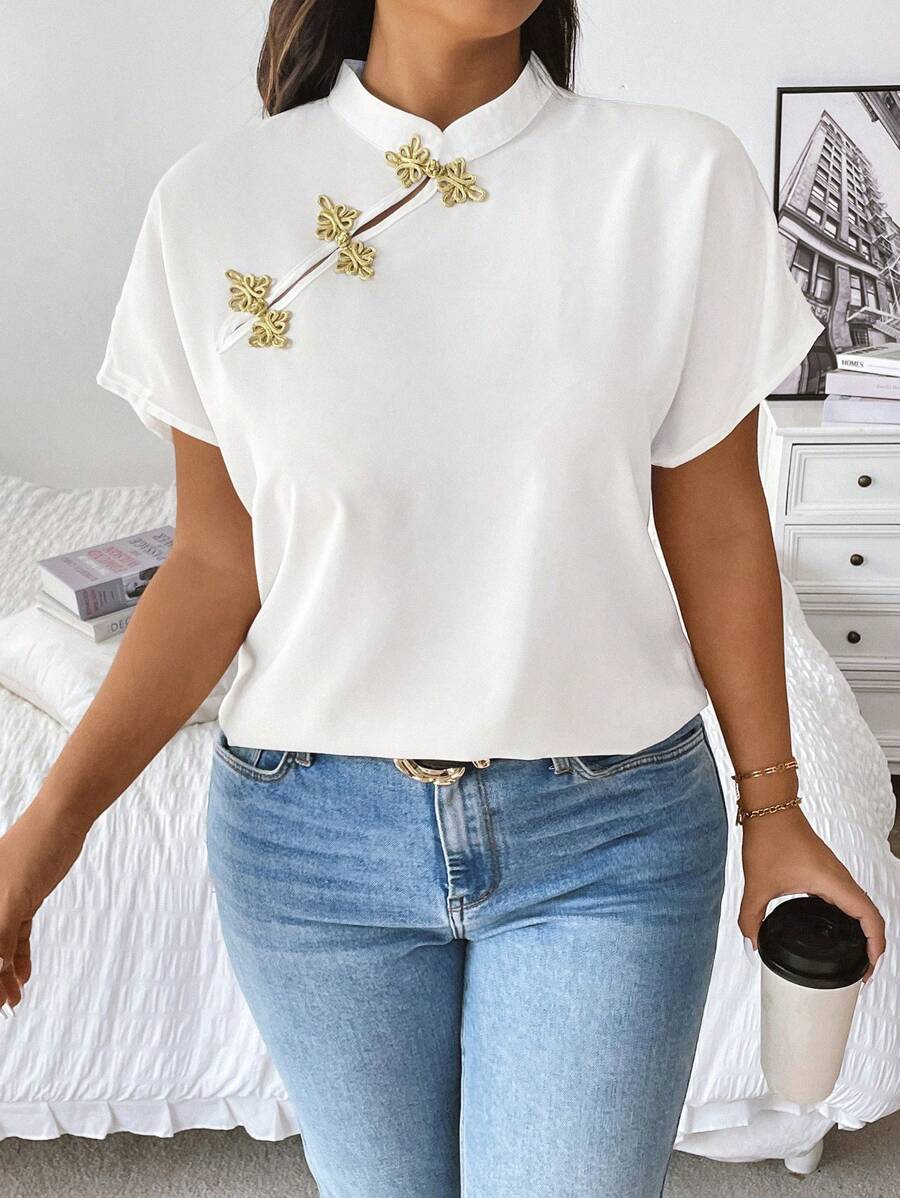 Vionelle Plus Size Women's Chinese Style Button Up Short Sleeve Blouse