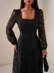 EURMUSE Romantic Style, Black Lace Pencil Skirt Maxi Dress - Black - View 5