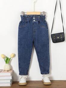Young Girl Casual Simple Button Waist Soft Comfortable Denim Effect Spring Autumn Long Pants - Medium Wash - View 1
