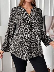EMERY ROSE Plus Size Women Leopard Print Zip Closure Long Sleeve Shirt - Grey - View 4