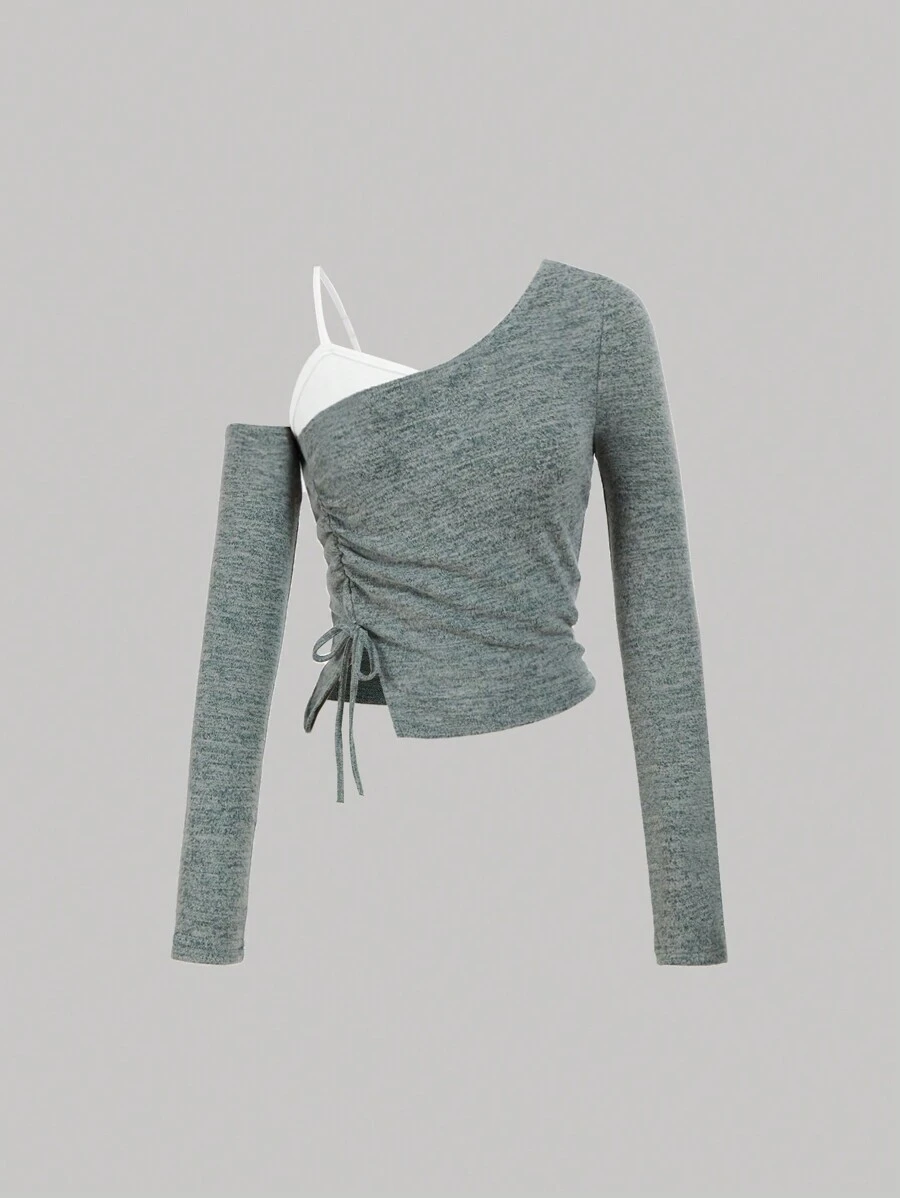 SHEIN MOD Women's Spring & Summer Asymmetric Collar Side Drawstring Casual Colorblock Long Sleeve T-Shirt - Green - View 1