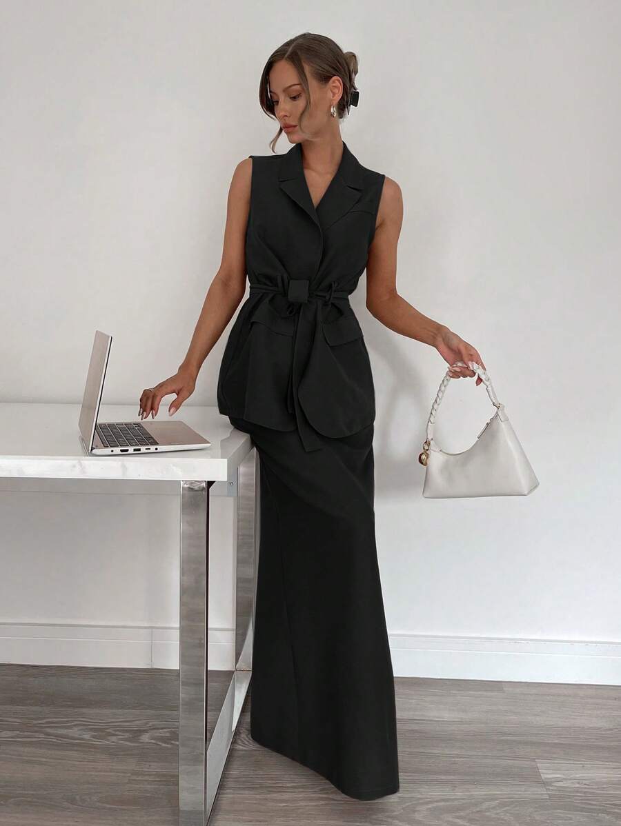 SHEIN Essnce 2pcs Women's Sleeveless Blazer And Skirt Suit - Black - View 1