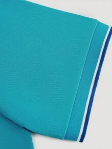 Manfinity Homme 男式图形撞色边半纽扣正装 Polo 衫，浅蓝色高尔夫 Polo 衫 - 藍色 - 查看 3