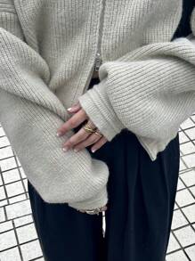 FRIFUL 女士纯色落肩长袖拉链休闲开衫，秋冬夹克 - 駝色 - 查看 8