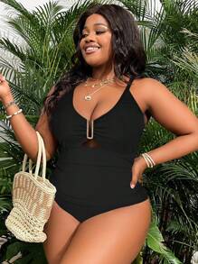 Swim Vcay Plus Size U Neck Hollowed Back Pleat One-Piece Swimsuit Summer - Black - View 7