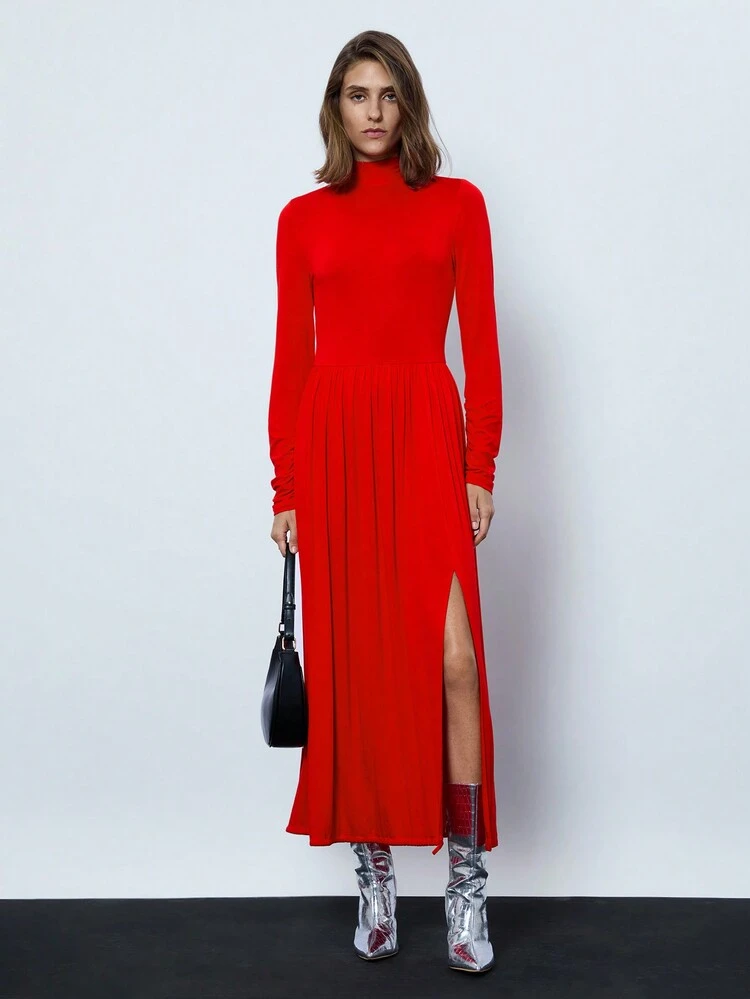 SHEIN Maija 스탠드 칼라, 긴 소매, 사이드 슬릿 밑단이 있는 여성용 솔리드 컬러 드레스, 봄 여름 우아한 니트 드레스