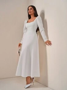 EURMUSE 优雅风格，罩杯细节喇叭中长连衣裙 - 白色 - 查看 5