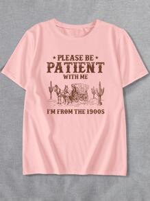 INAWLY 大码复古 1900 年代舒适短袖图案 T 恤上衣，女式夏季 T 恤 - 粉色 - 查看 4