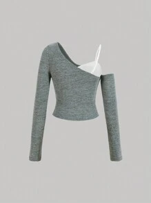 SHEIN MOD Women's Spring & Summer Asymmetric Collar Side Drawstring Casual Colorblock Long Sleeve T-Shirt - Green - View 2
