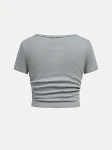 SHEIN Tween-Mädchen Lässig einfarbiges Strick Rundhals Kurzarm T-Shirt