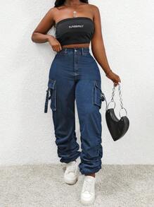 SHEIN Slayr Quần Denim thông thường có túi có túi cạp cao cạp cao - Rửa tối - Xem 5