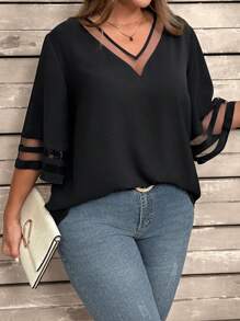 大码休闲网眼拼接衬衫 - 黑色 - 查看 1