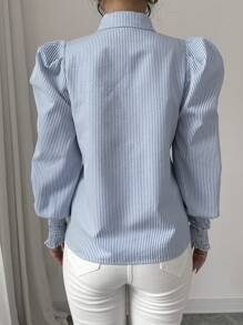 SHEIN Clasi Women's Button-Down Long Sleeve Striped Shirt With Tie Waist - Blue and White - View 2