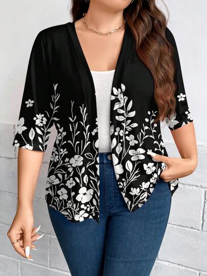 EMERY ROSE 大码休闲花卉印花长袖开衫，适合春秋季节