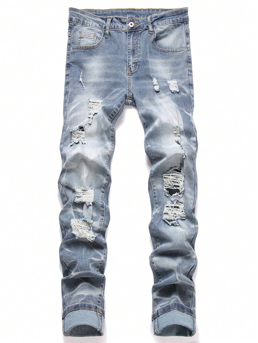 Manfinity Homme Men's Ripped Pocket Casual Straight-Leg Denim Jeans - Light Wash - View 1