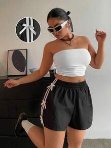 POPSWAY Pantalones cortos de verano casuales con lazo y rayas laterales para tallas grandes